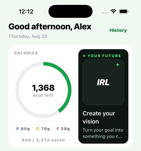 IRL Today dashboard showing calories and future vision